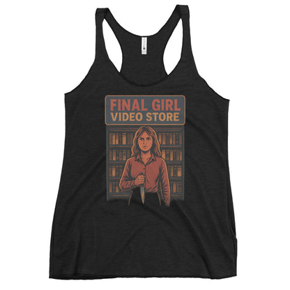 Final Girl Video Store Women's Racerback Tank  from Rare Plus Apparel – unique movie & pop culture inspired design.