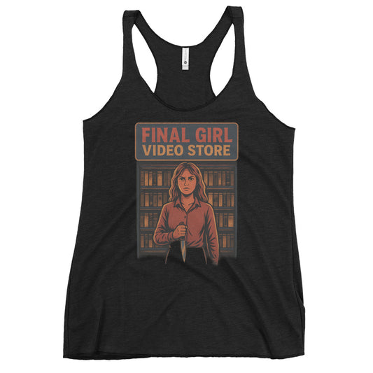 Final Girl Video Store Women's Racerback Tank  from Rare Plus Apparel – unique movie & pop culture inspired design.