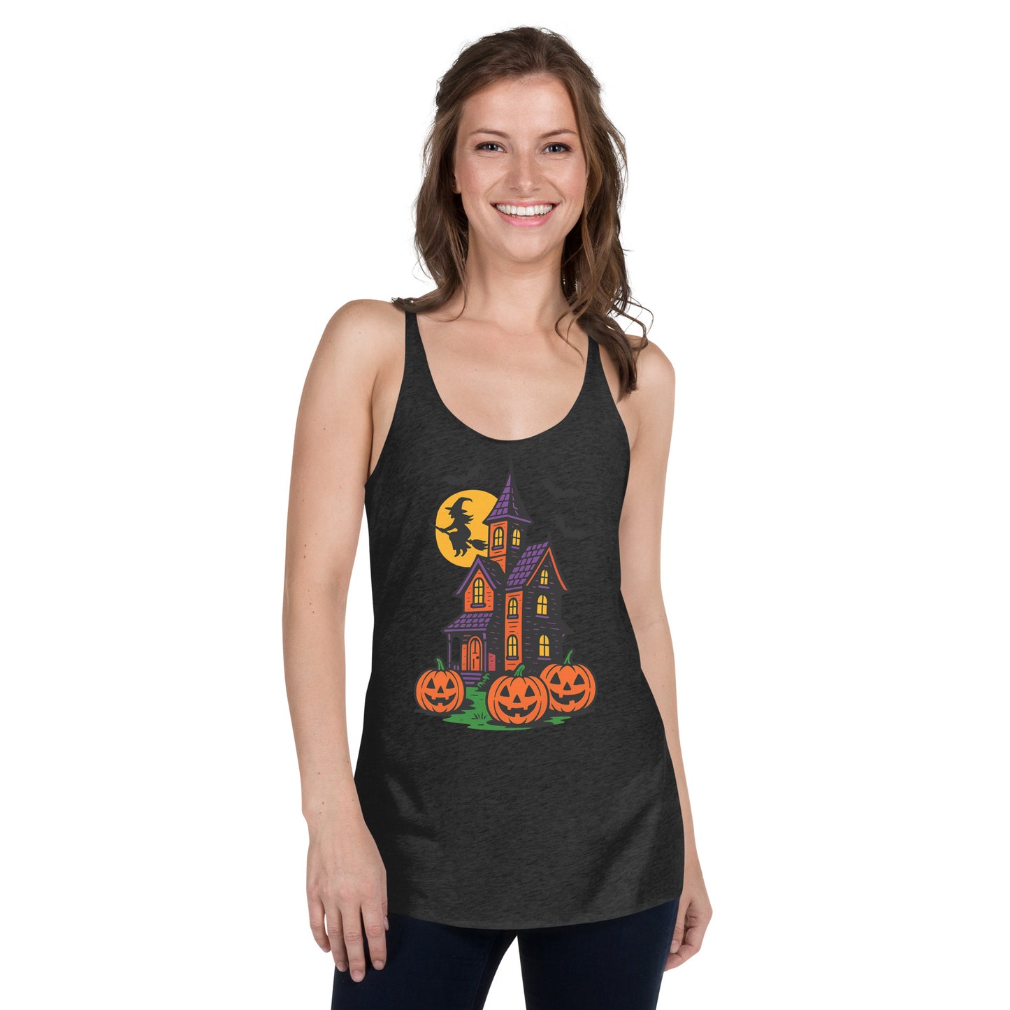 Haunted Halloween House Women's Racerback Tank  from Rare Plus Apparel – unique movie & pop culture inspired design.