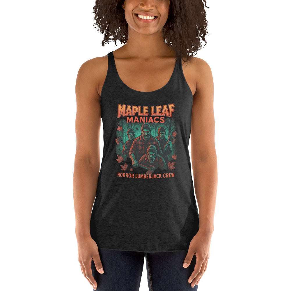 Maple Leaf Maniacs – Horror Lumberjack Crew Women's Racerback Tank  from Rare Plus Apparel – unique movie & pop culture inspired design.