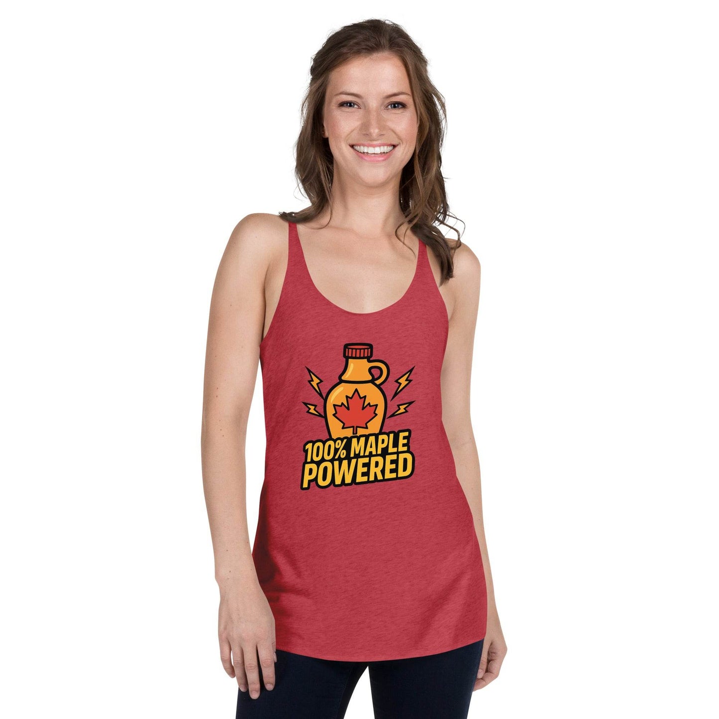 100% Maple Powered Women's Racerback Tank  from Rare Plus Apparel – unique movie & pop culture inspired design.