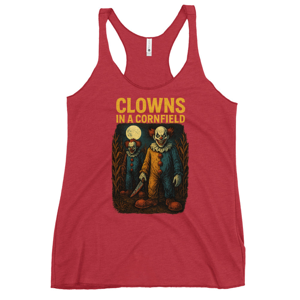 Clowns in a Cornfield Women's Racerback Tank  from Rare Plus Apparel – unique movie & pop culture inspired design.
