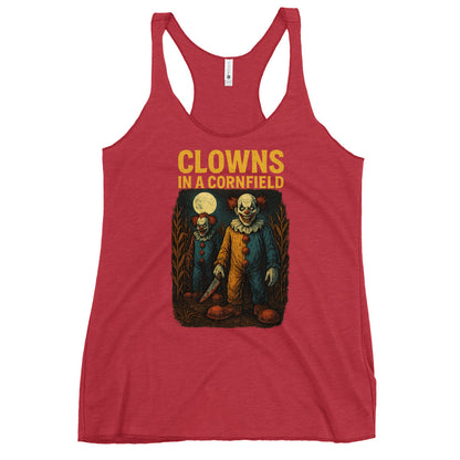 Clowns in a Cornfield Women's Racerback Tank  from Rare Plus Apparel – unique movie & pop culture inspired design.