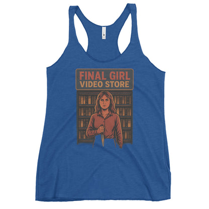 Final Girl Video Store Women's Racerback Tank  from Rare Plus Apparel – unique movie & pop culture inspired design.