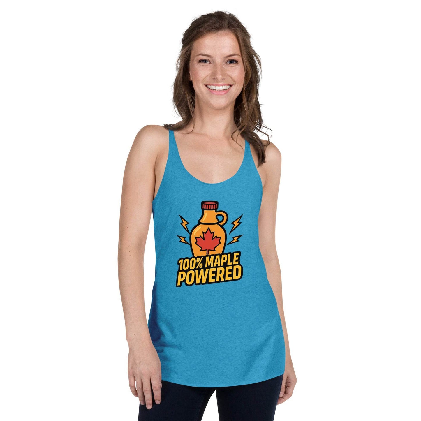100% Maple Powered Women's Racerback Tank  from Rare Plus Apparel – unique movie & pop culture inspired design.