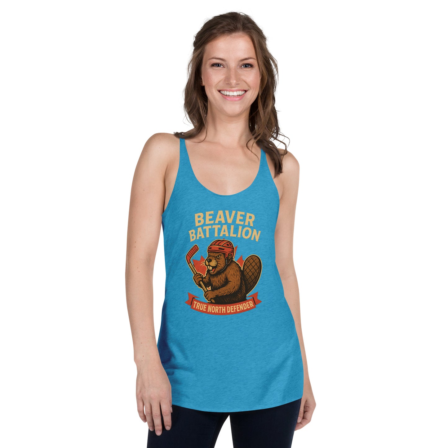 Beaver Battalion – True North Defender Women's Racerback Tank  from Rare Plus Apparel – unique movie & pop culture inspired design.