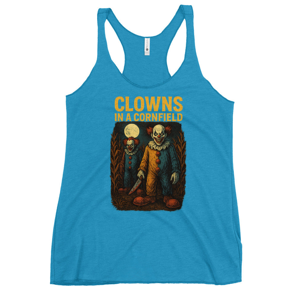 Clowns in a Cornfield Women's Racerback Tank  from Rare Plus Apparel – unique movie & pop culture inspired design.