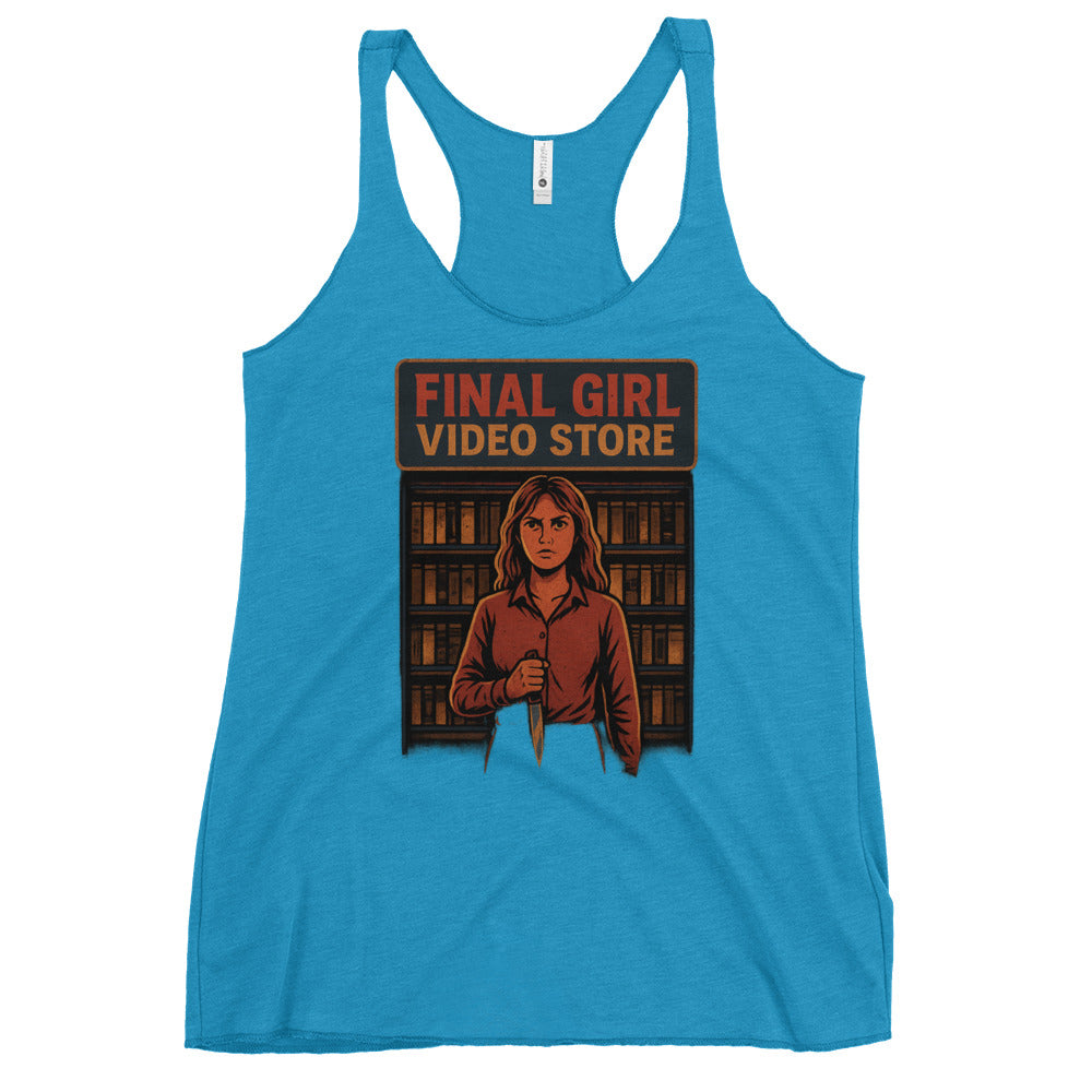 Final Girl Video Store Women's Racerback Tank  from Rare Plus Apparel – unique movie & pop culture inspired design.