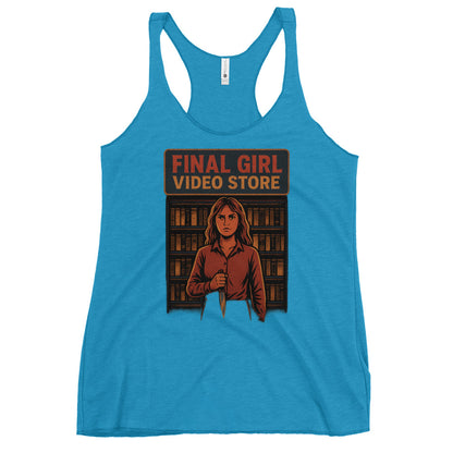 Final Girl Video Store Women's Racerback Tank  from Rare Plus Apparel – unique movie & pop culture inspired design.