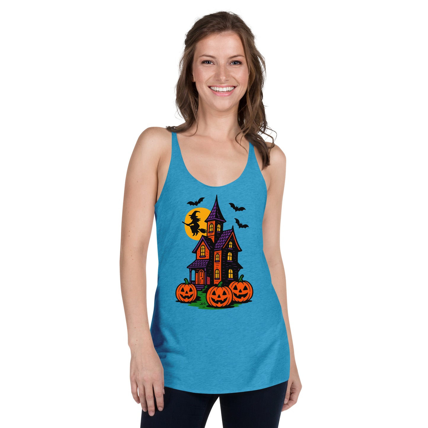 Haunted Halloween House Women's Racerback Tank  from Rare Plus Apparel – unique movie & pop culture inspired design.