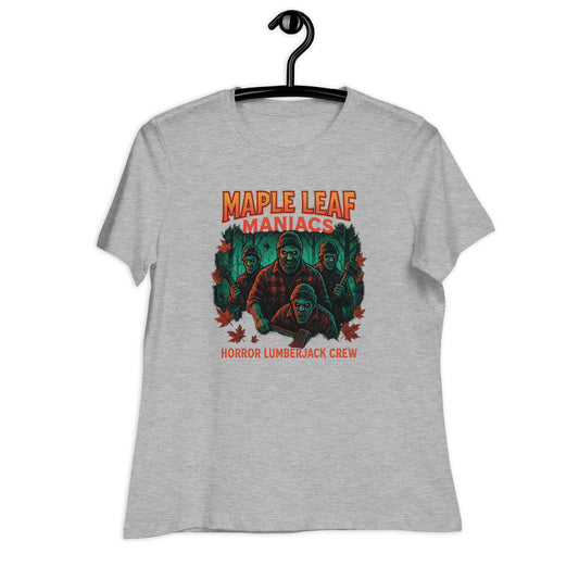 Maple Leaf Maniacs – Horror Lumberjack Crew Women's Relaxed T-Shirt  from Rare Plus Apparel – unique movie & pop culture inspired design.