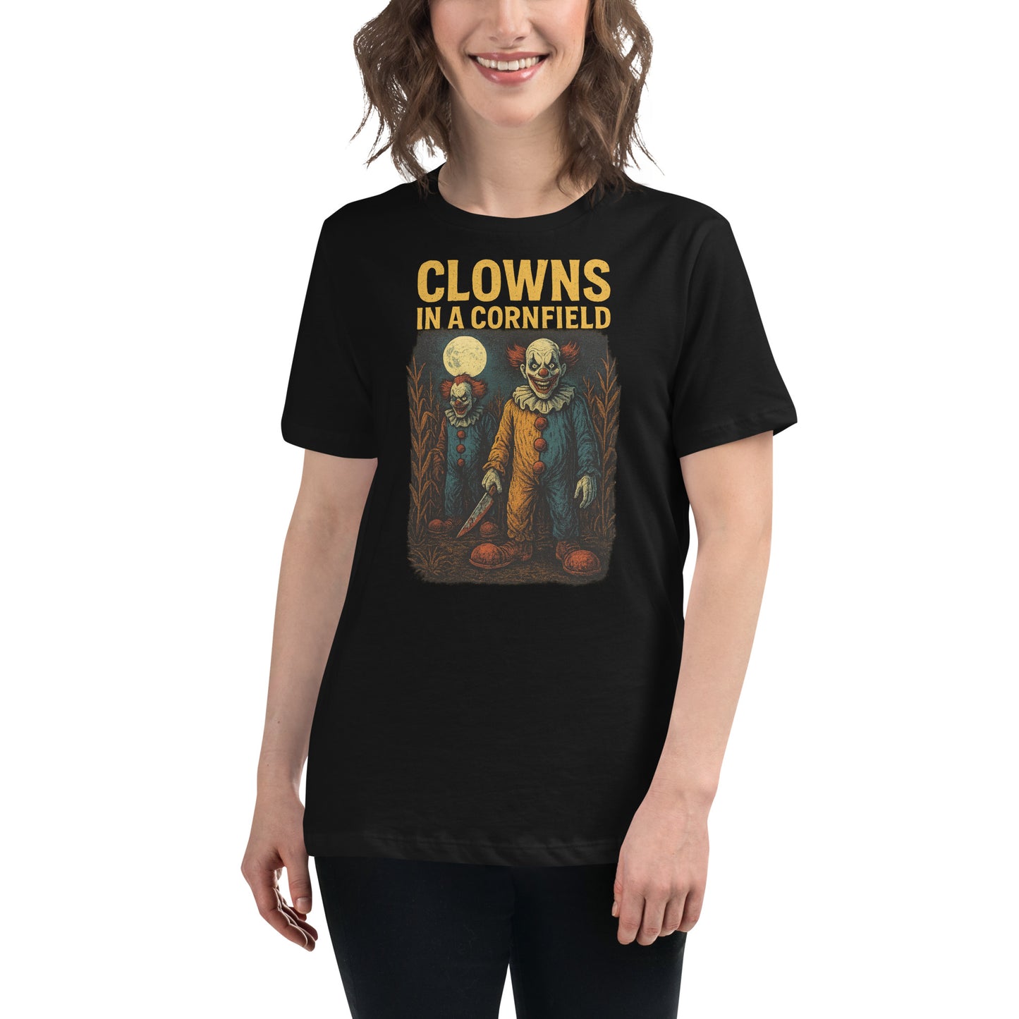 Clowns in a Cornfield Women's Relaxed T-Shirt  from Rare Plus Apparel – unique movie & pop culture inspired design.