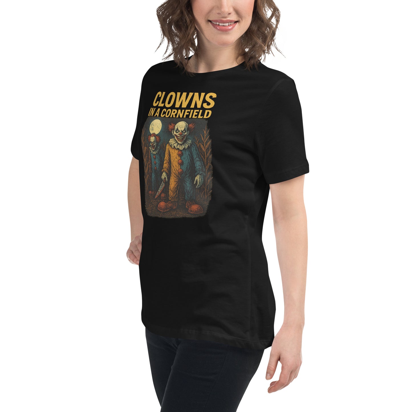 Clowns in a Cornfield Women's Relaxed T-Shirt  from Rare Plus Apparel – unique movie & pop culture inspired design.