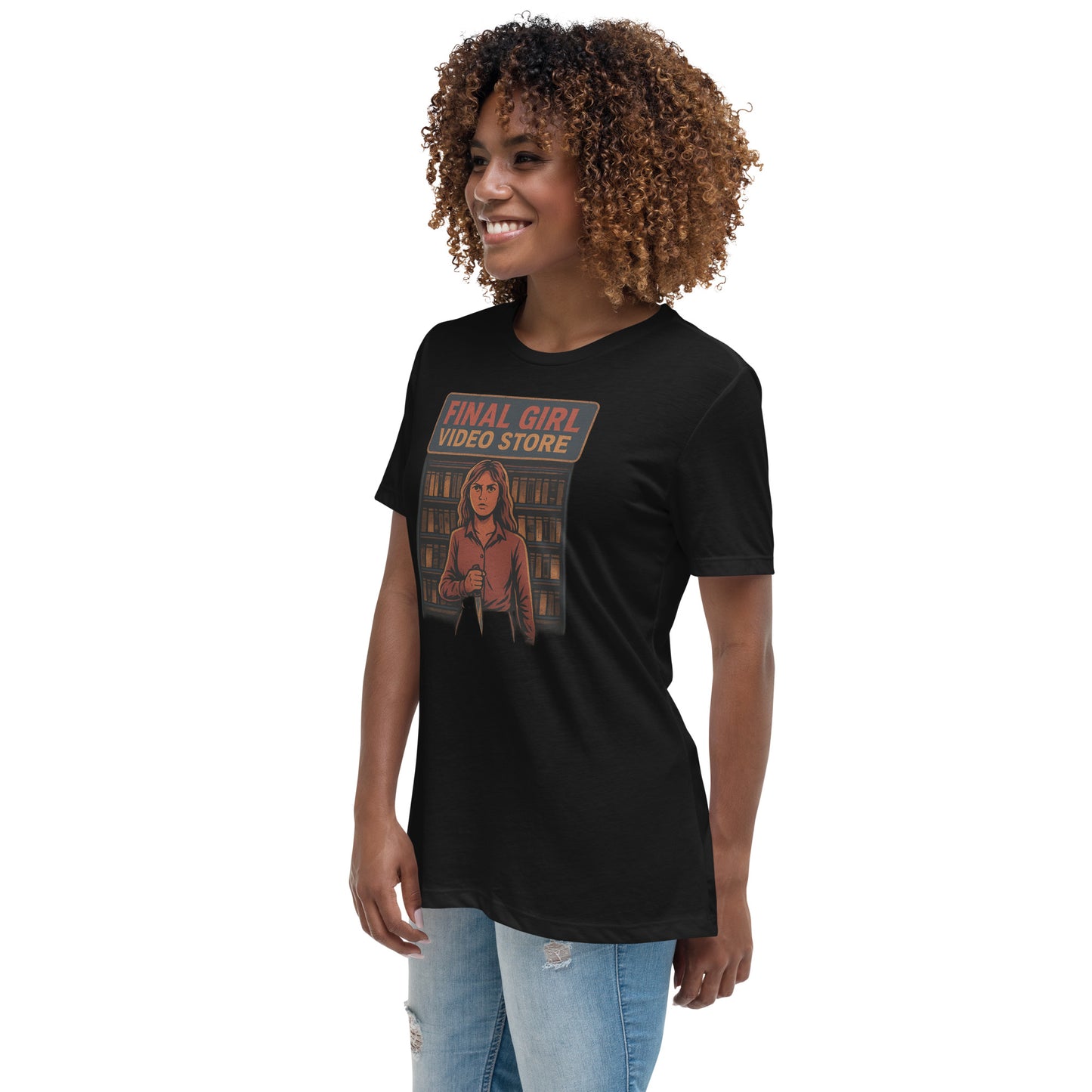 Final Girl Video Store Women's Relaxed T-Shirt  from Rare Plus Apparel – unique movie & pop culture inspired design.