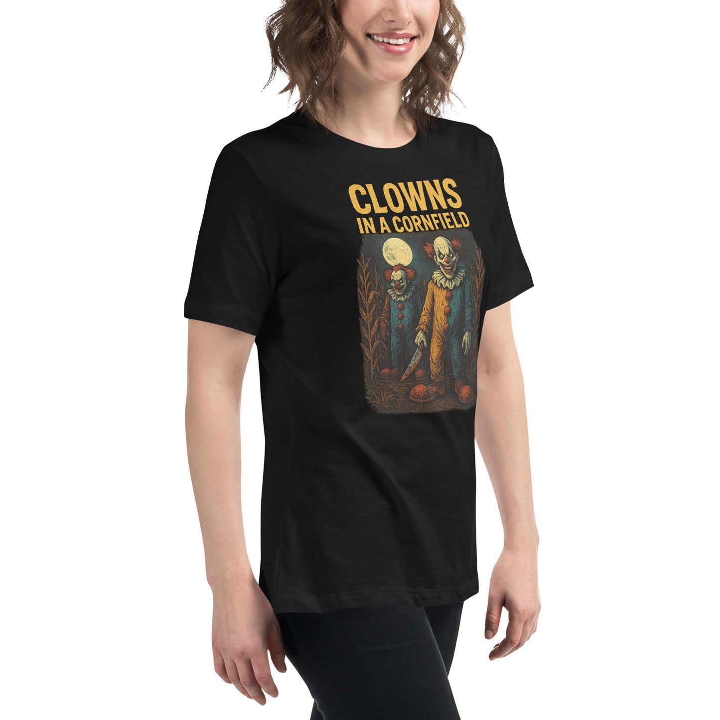 Clowns in a Cornfield Women's Relaxed T-Shirt  from Rare Plus Apparel – unique movie & pop culture inspired design.