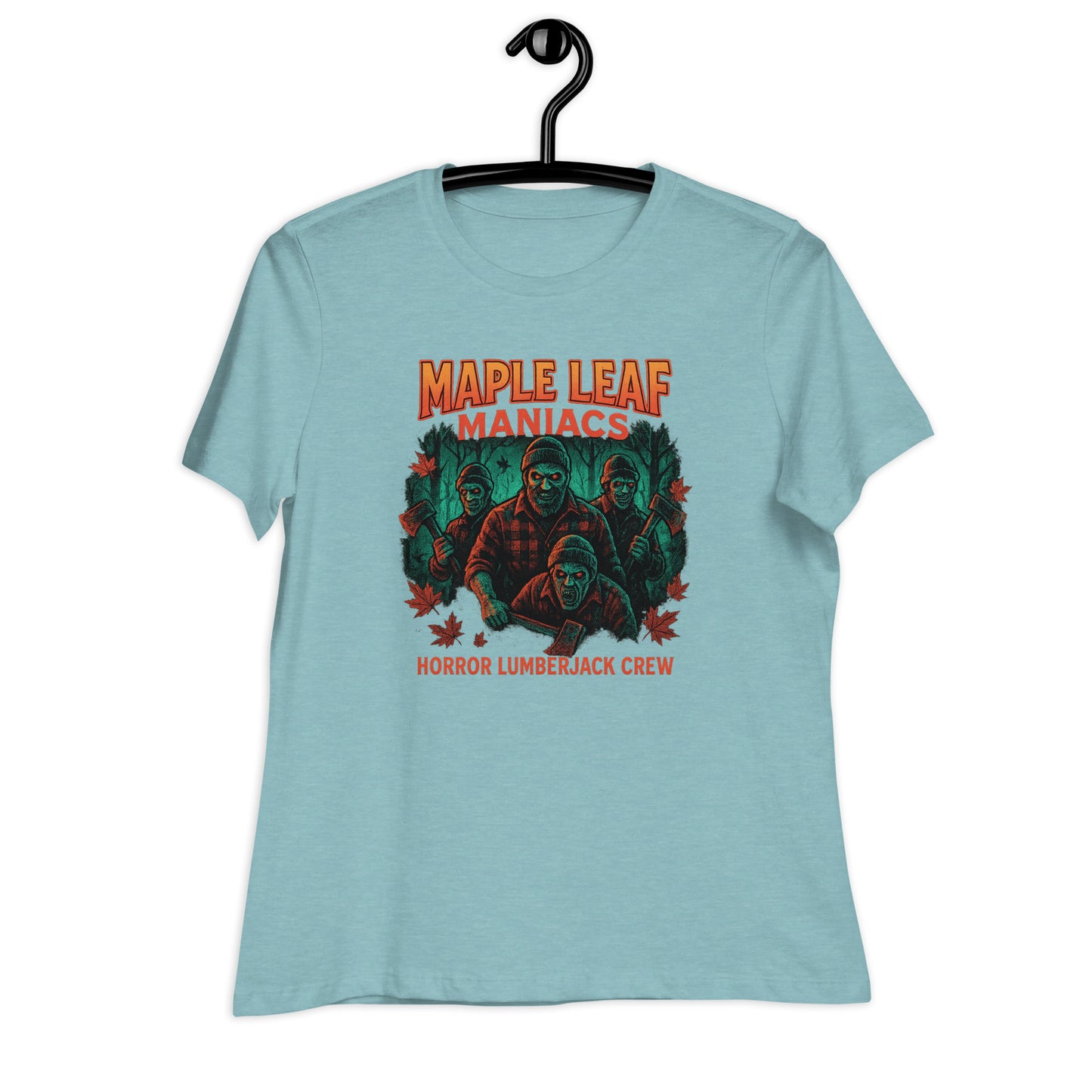 Maple Leaf Maniacs – Horror Lumberjack Crew Women's Relaxed T-Shirt  from Rare Plus Apparel – unique movie & pop culture inspired design.