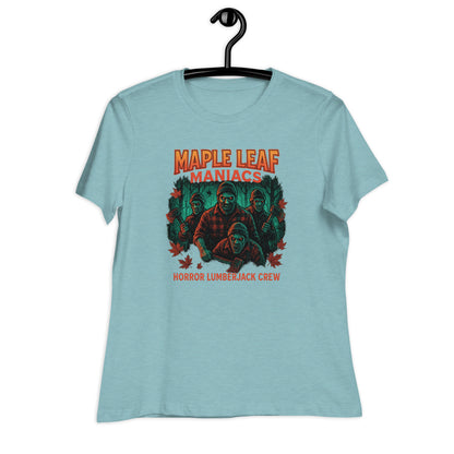 Maple Leaf Maniacs – Horror Lumberjack Crew Women's Relaxed T-Shirt  from Rare Plus Apparel – unique movie & pop culture inspired design.