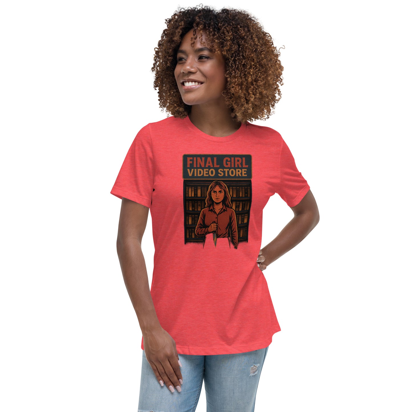 Final Girl Video Store Women's Relaxed T-Shirt  from Rare Plus Apparel – unique movie & pop culture inspired design.