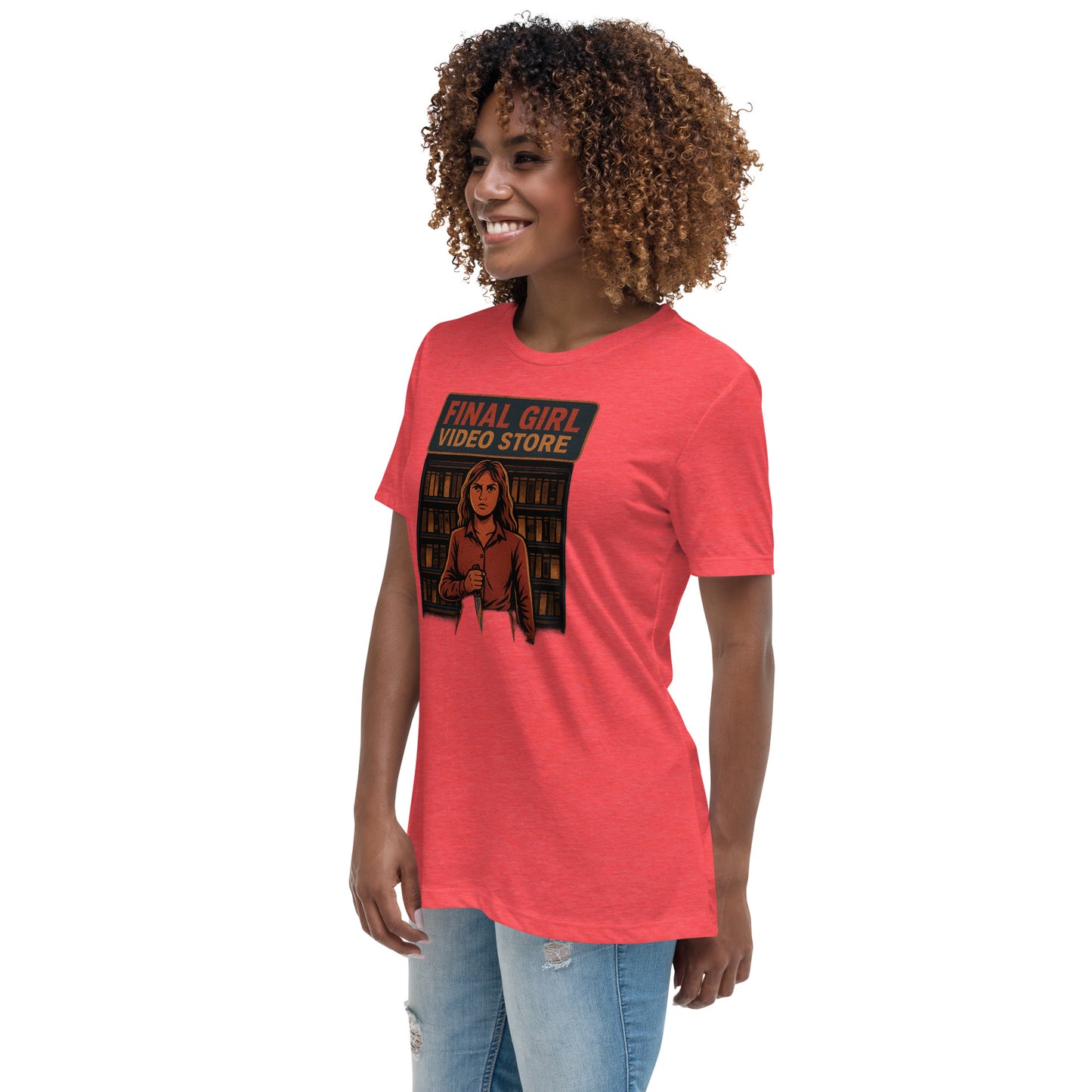 Final Girl Video Store Women's Relaxed T-Shirt  from Rare Plus Apparel – unique movie & pop culture inspired design.