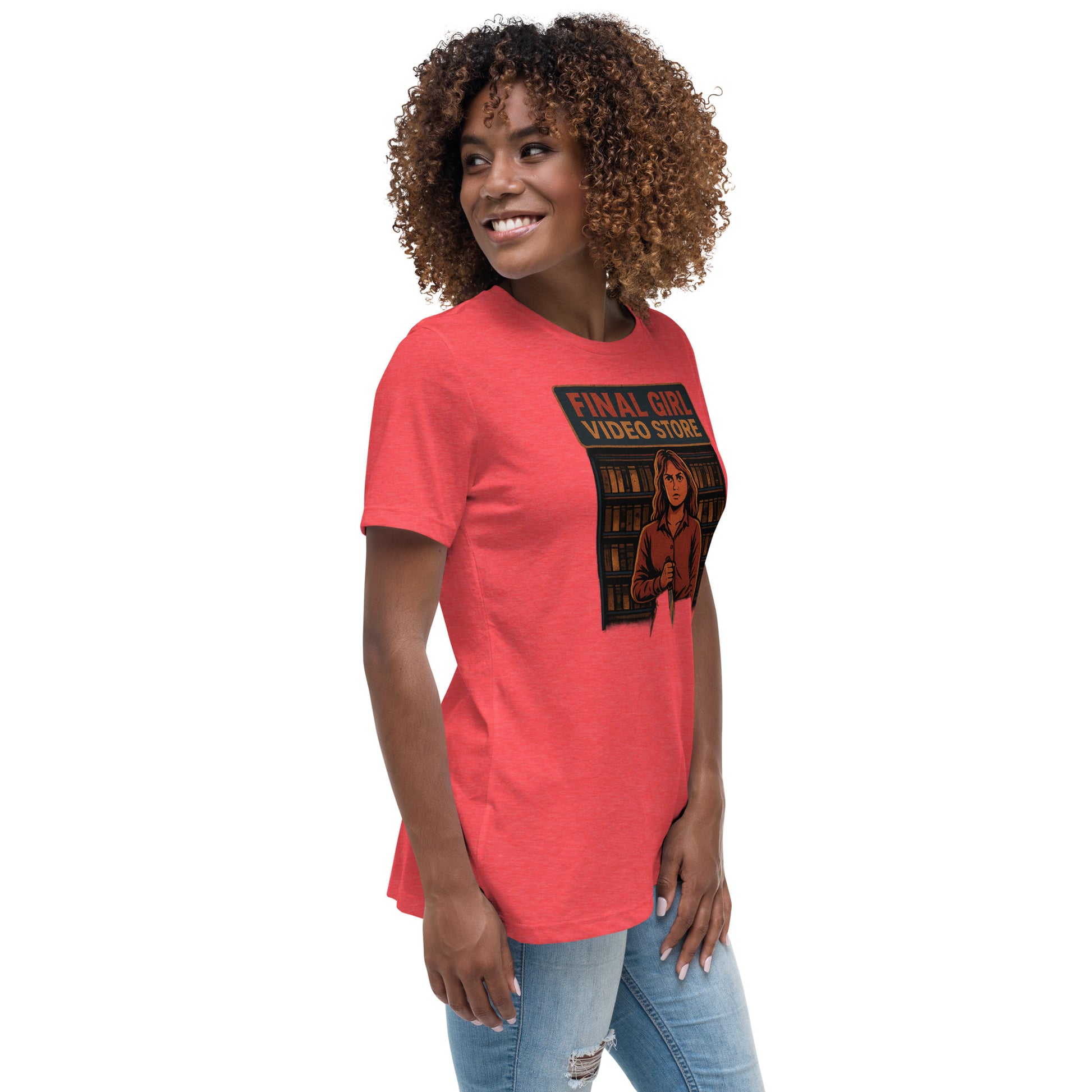 Final Girl Video Store Women's Relaxed T-Shirt  from Rare Plus Apparel – unique movie & pop culture inspired design.