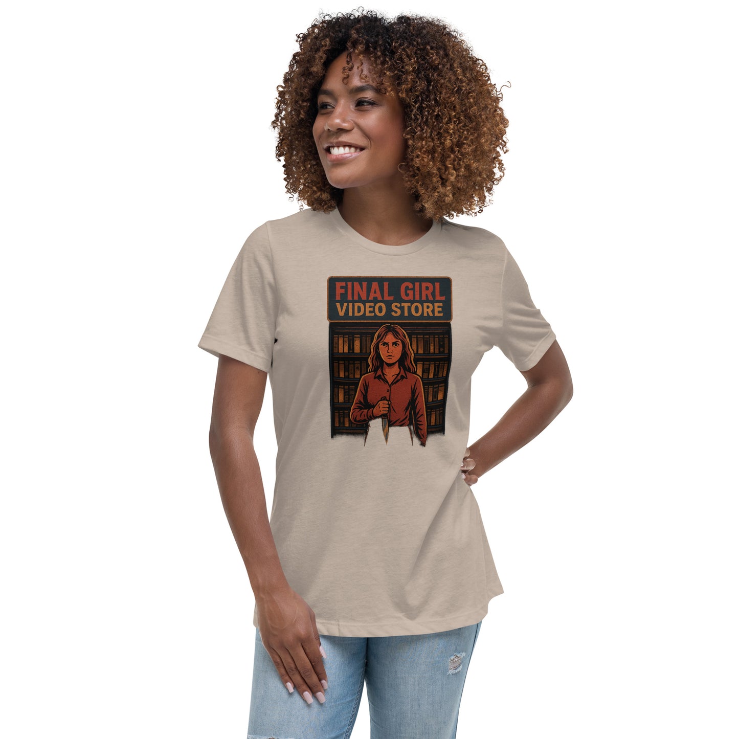 Final Girl Video Store Women's Relaxed T-Shirt  from Rare Plus Apparel – unique movie & pop culture inspired design.