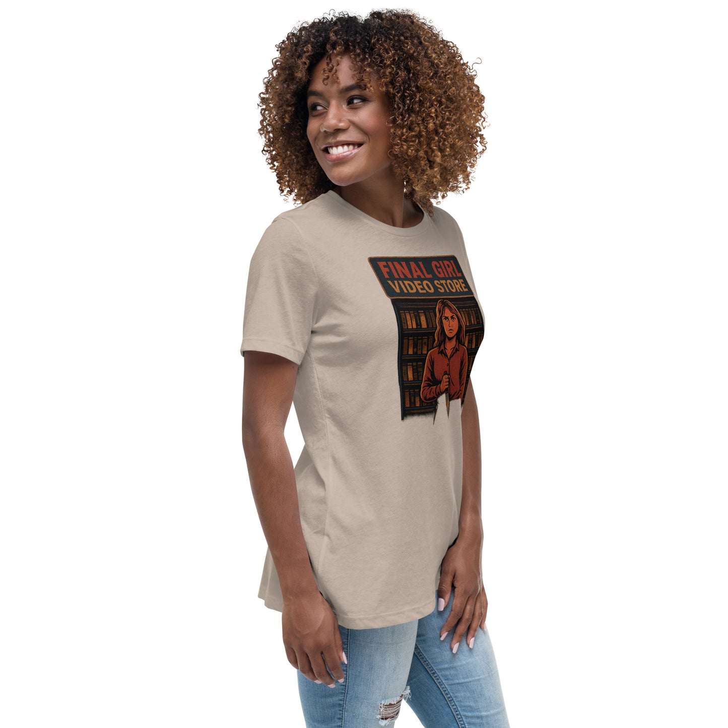 Final Girl Video Store Women's Relaxed T-Shirt  from Rare Plus Apparel – unique movie & pop culture inspired design.