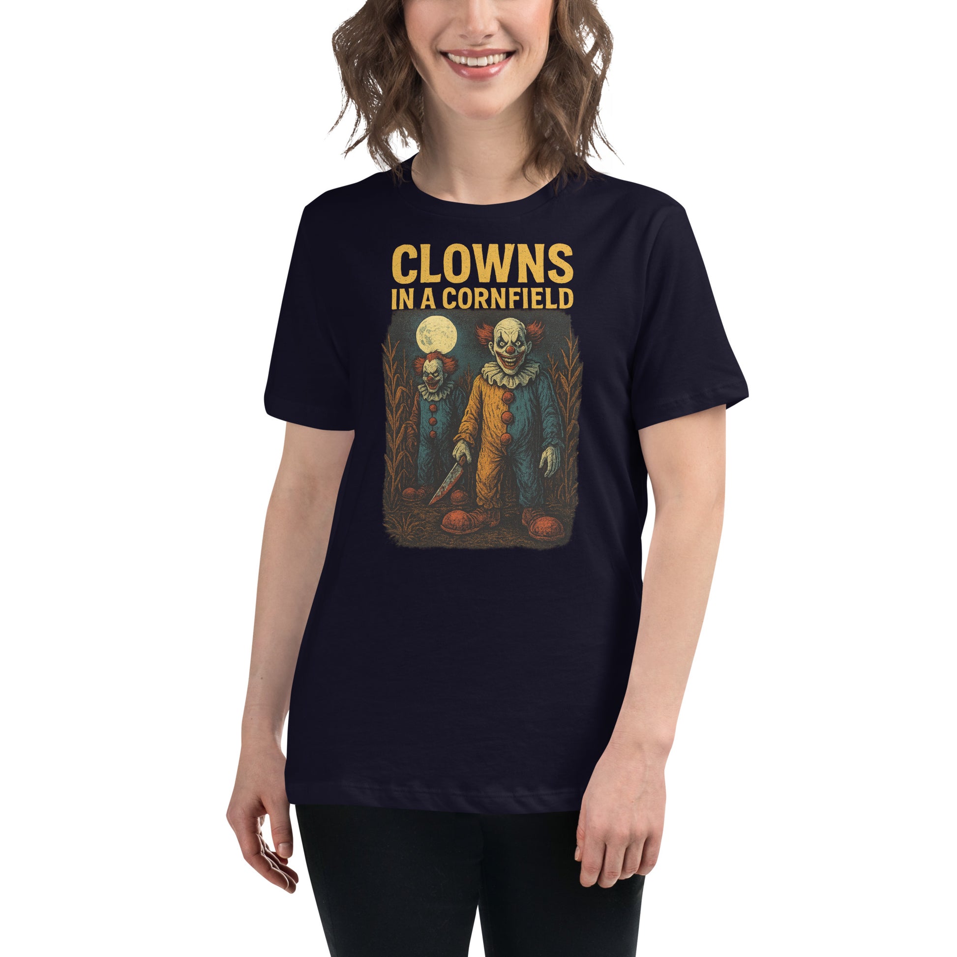 Clowns in a Cornfield Women's Relaxed T-Shirt  from Rare Plus Apparel – unique movie & pop culture inspired design.