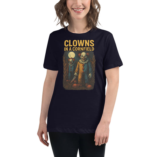 Clowns in a Cornfield Women's Relaxed T-Shirt  from Rare Plus Apparel – unique movie & pop culture inspired design.