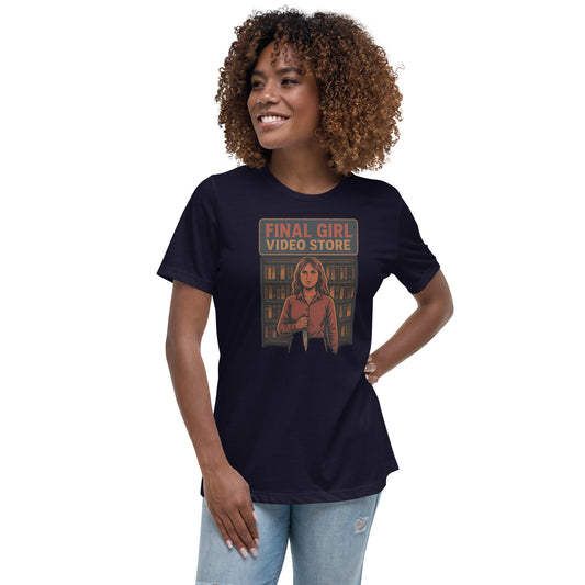 Final Girl Video Store Women's Relaxed T-Shirt  from Rare Plus Apparel – unique movie & pop culture inspired design.