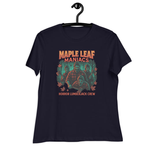 Maple Leaf Maniacs – Horror Lumberjack Crew Women's Relaxed T-Shirt  from Rare Plus Apparel – unique movie & pop culture inspired design.
