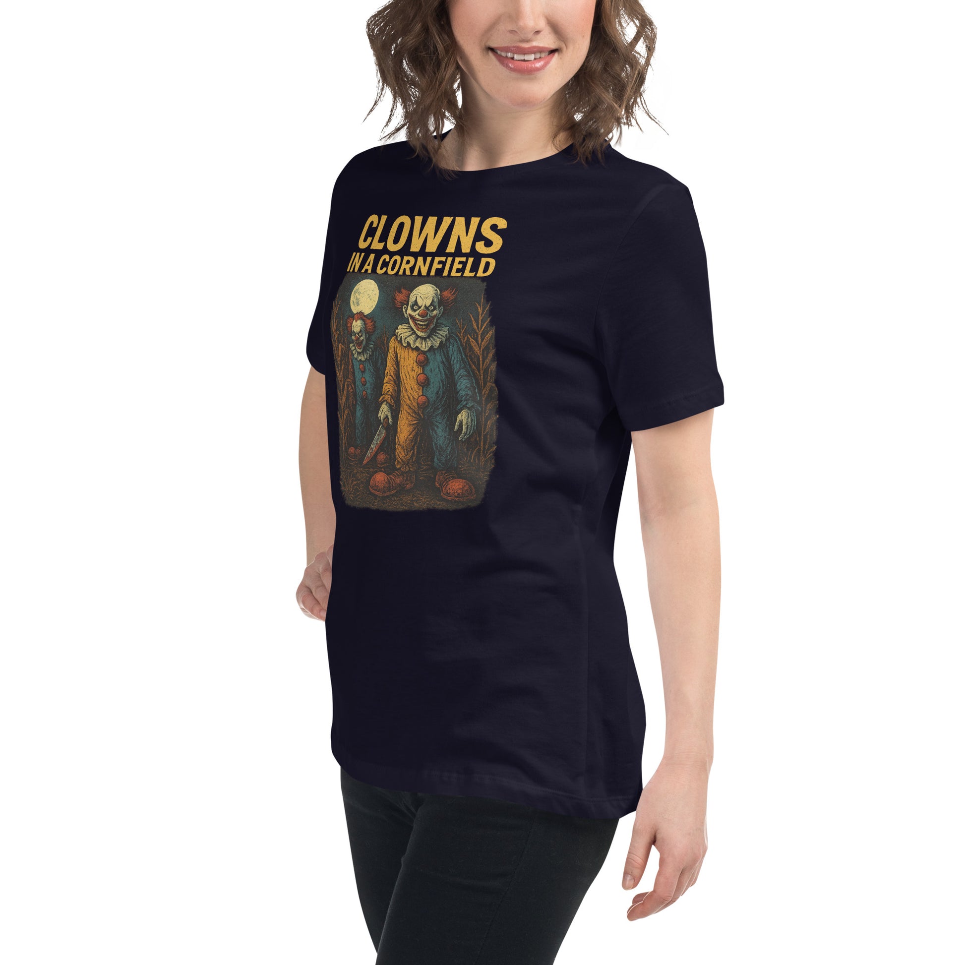 Clowns in a Cornfield Women's Relaxed T-Shirt  from Rare Plus Apparel – unique movie & pop culture inspired design.