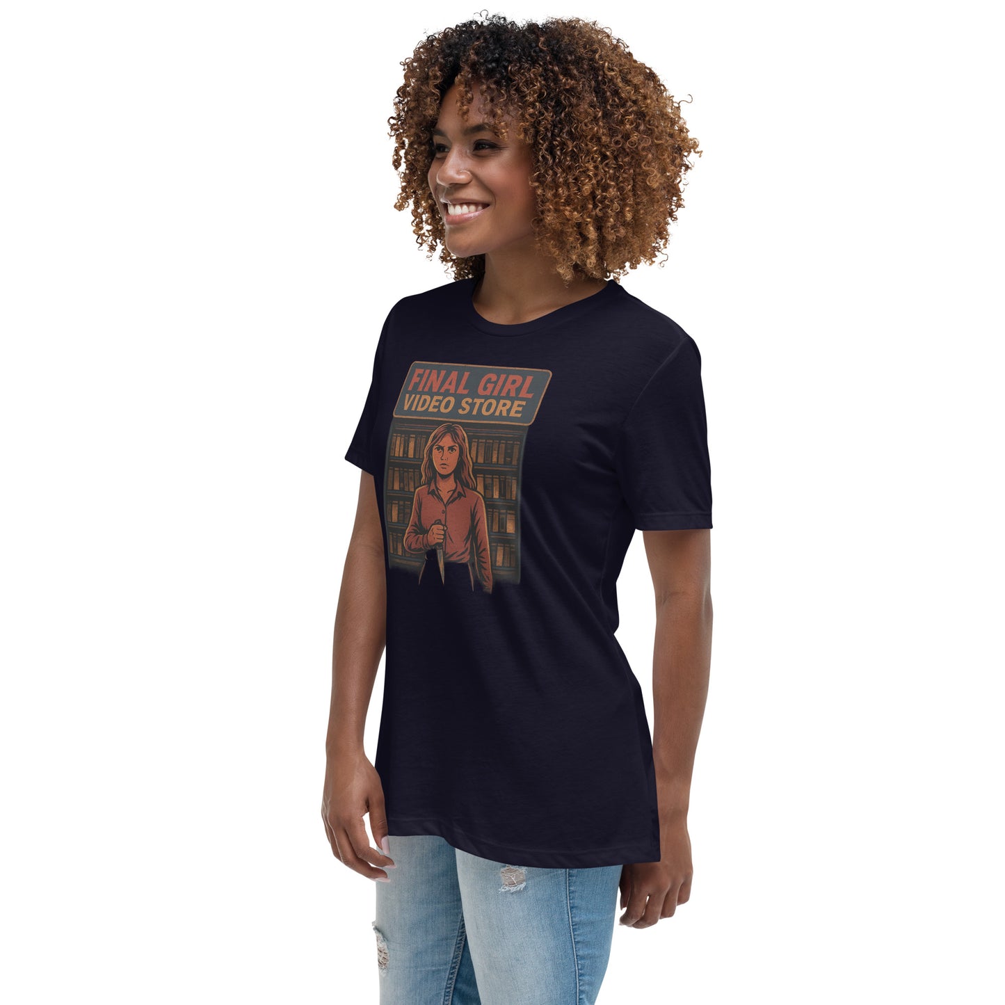 Final Girl Video Store Women's Relaxed T-Shirt  from Rare Plus Apparel – unique movie & pop culture inspired design.