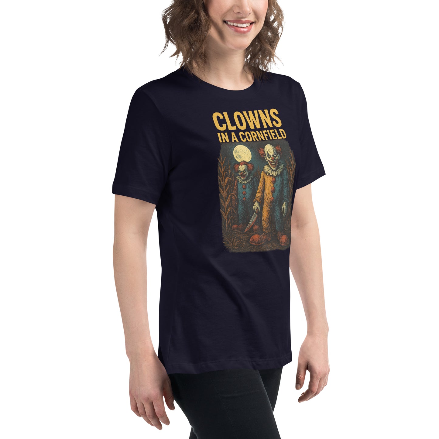 Clowns in a Cornfield Women's Relaxed T-Shirt  from Rare Plus Apparel – unique movie & pop culture inspired design.