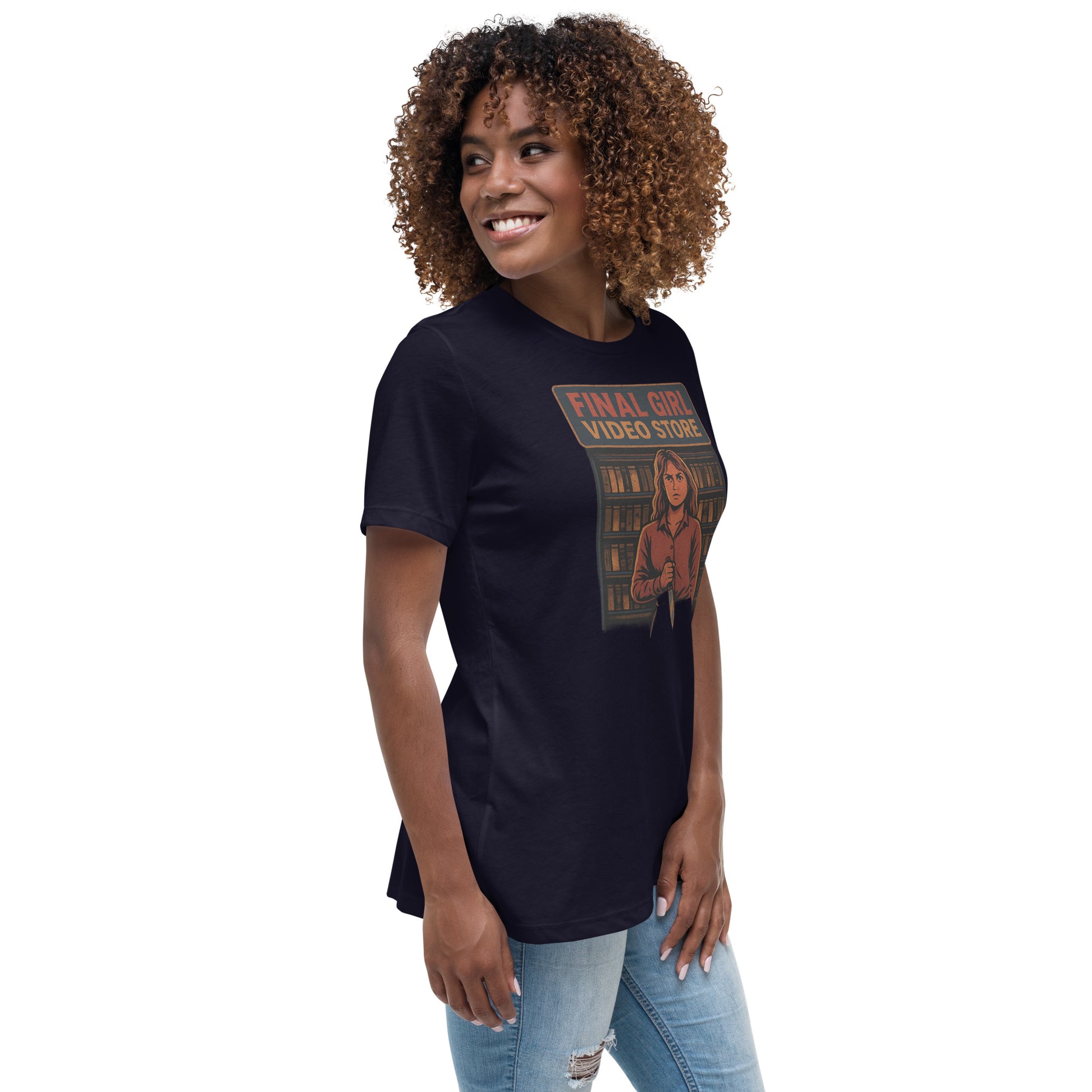 Final Girl Video Store Women's Relaxed T-Shirt  from Rare Plus Apparel – unique movie & pop culture inspired design.