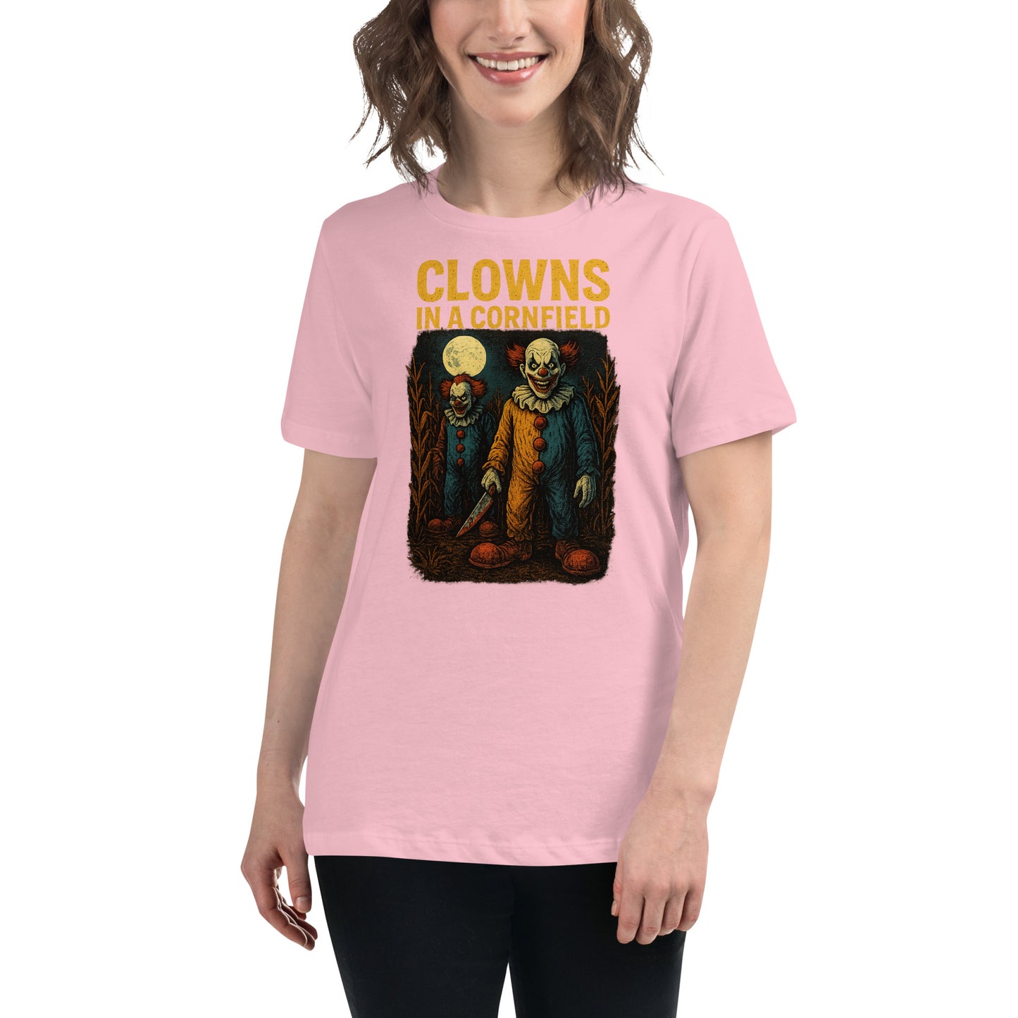 Clowns in a Cornfield Women's Relaxed T-Shirt  from Rare Plus Apparel – unique movie & pop culture inspired design.