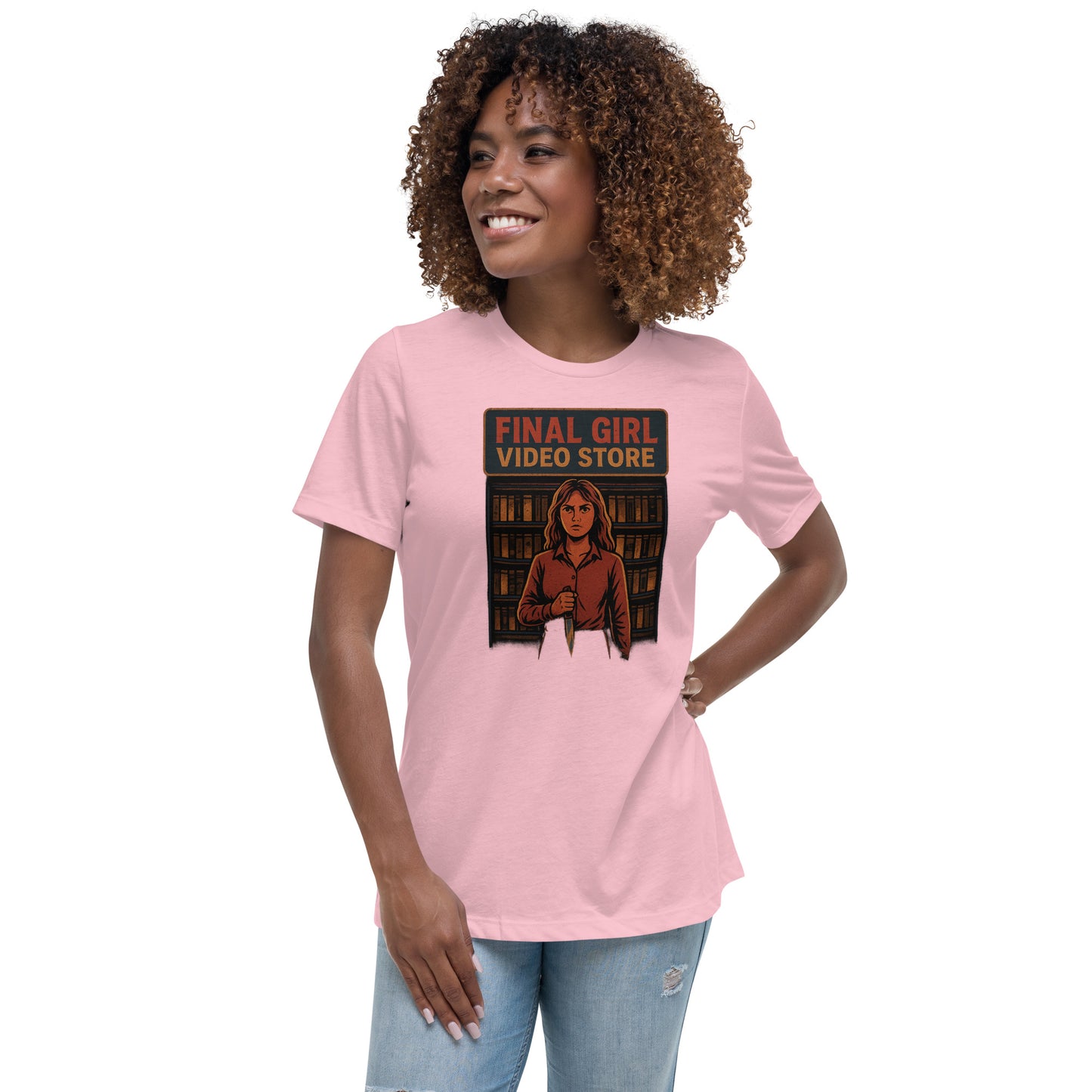 Final Girl Video Store Women's Relaxed T-Shirt  from Rare Plus Apparel – unique movie & pop culture inspired design.