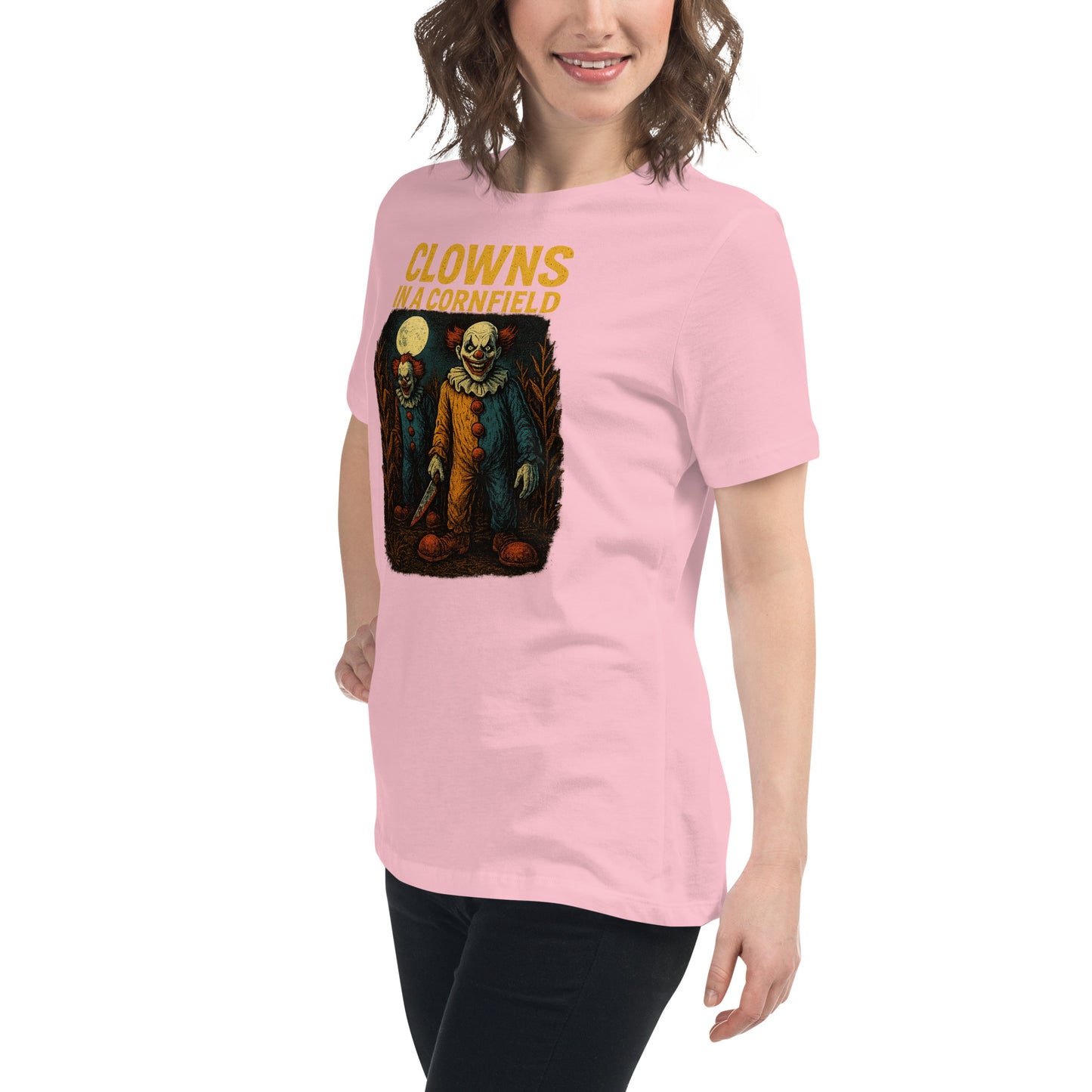 Clowns in a Cornfield Women's Relaxed T-Shirt  from Rare Plus Apparel – unique movie & pop culture inspired design.