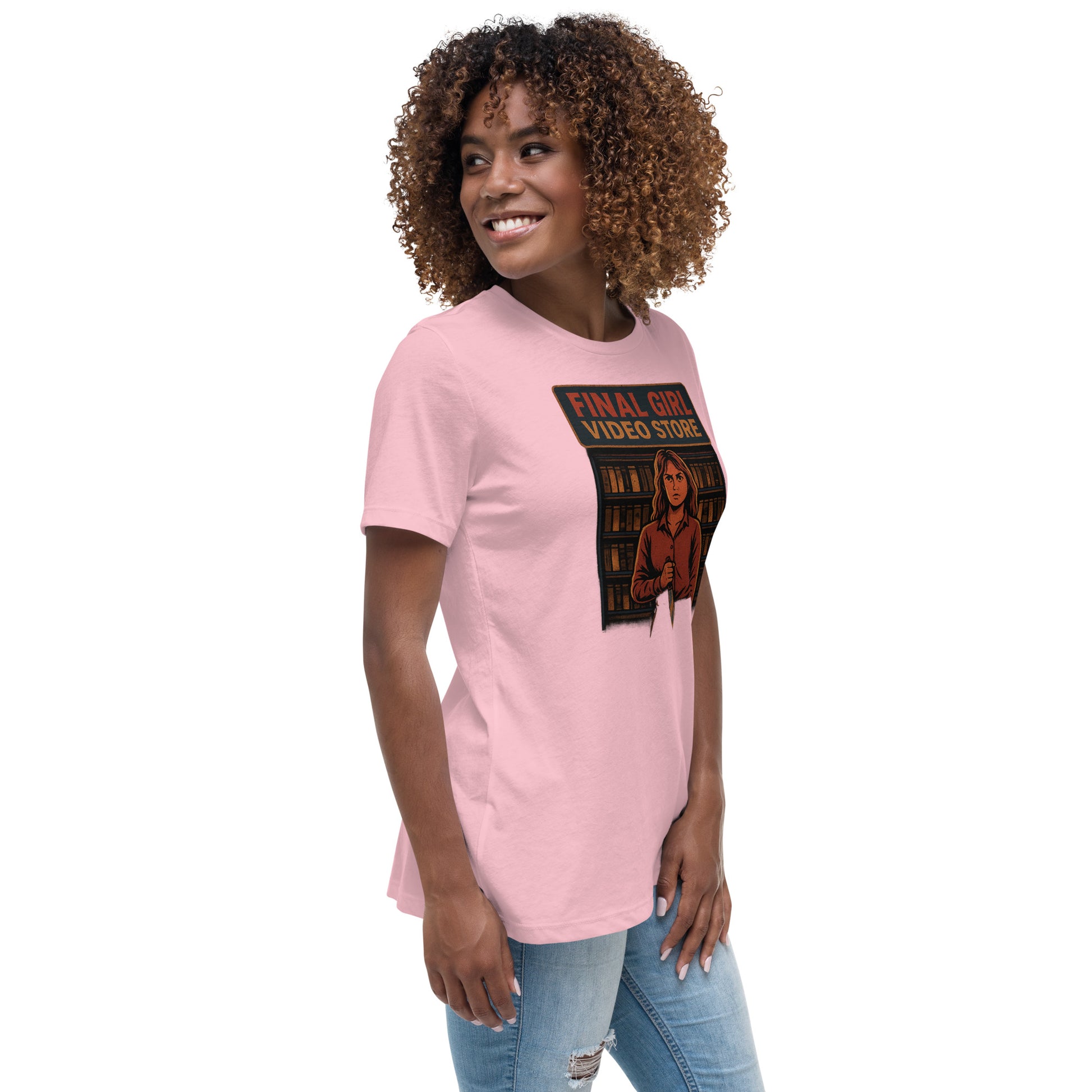 Final Girl Video Store Women's Relaxed T-Shirt  from Rare Plus Apparel – unique movie & pop culture inspired design.