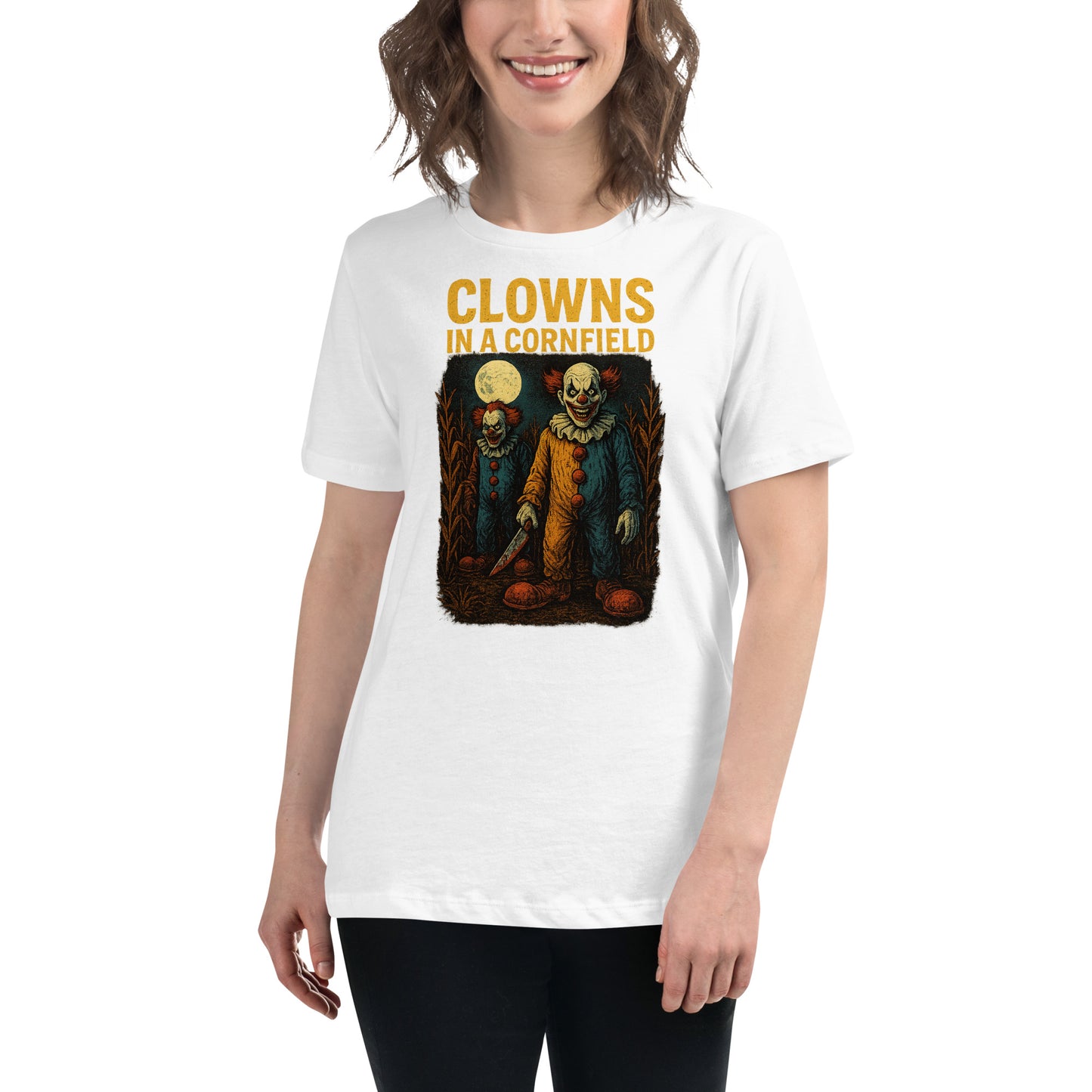 Clowns in a Cornfield Women's Relaxed T-Shirt  from Rare Plus Apparel – unique movie & pop culture inspired design.