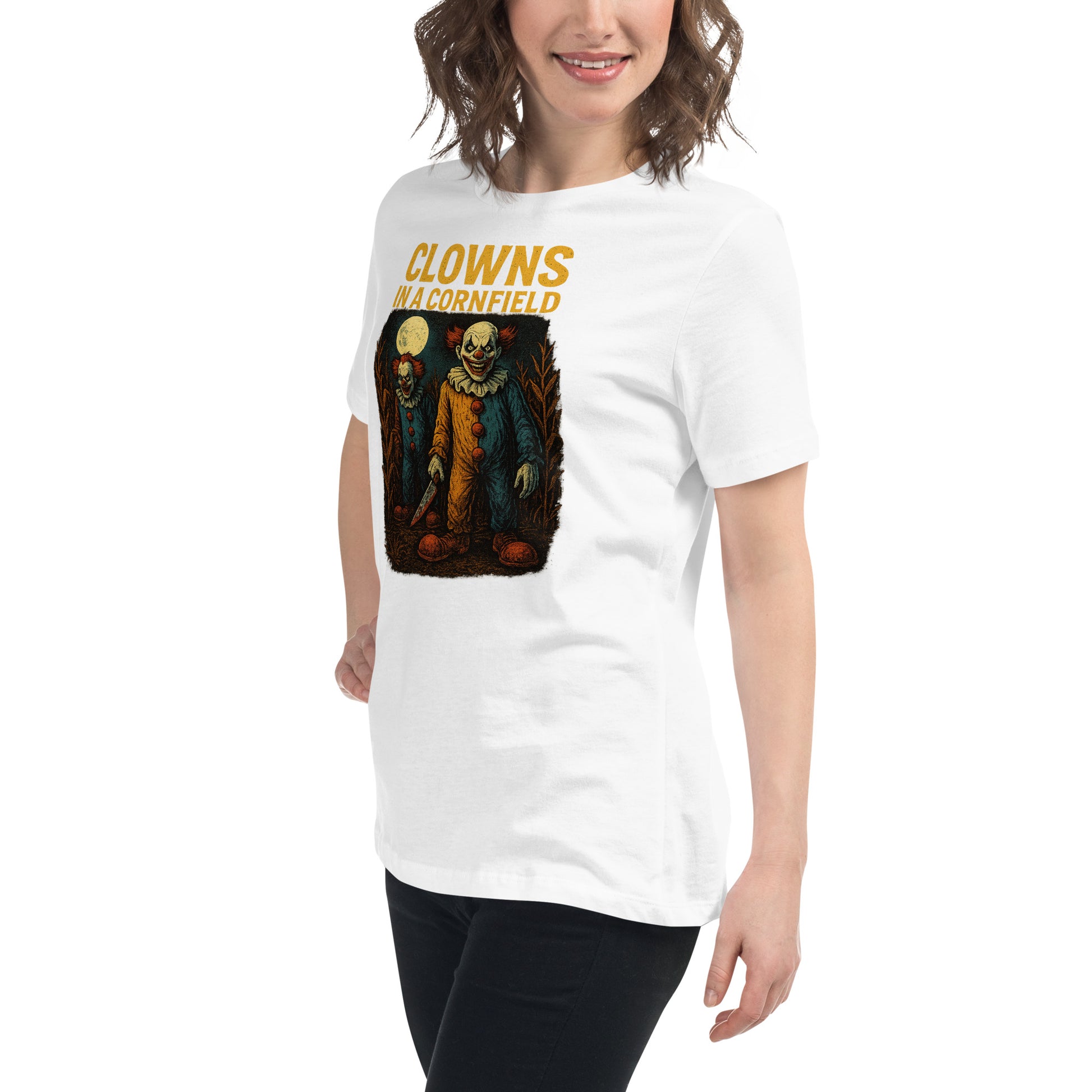 Clowns in a Cornfield Women's Relaxed T-Shirt  from Rare Plus Apparel – unique movie & pop culture inspired design.