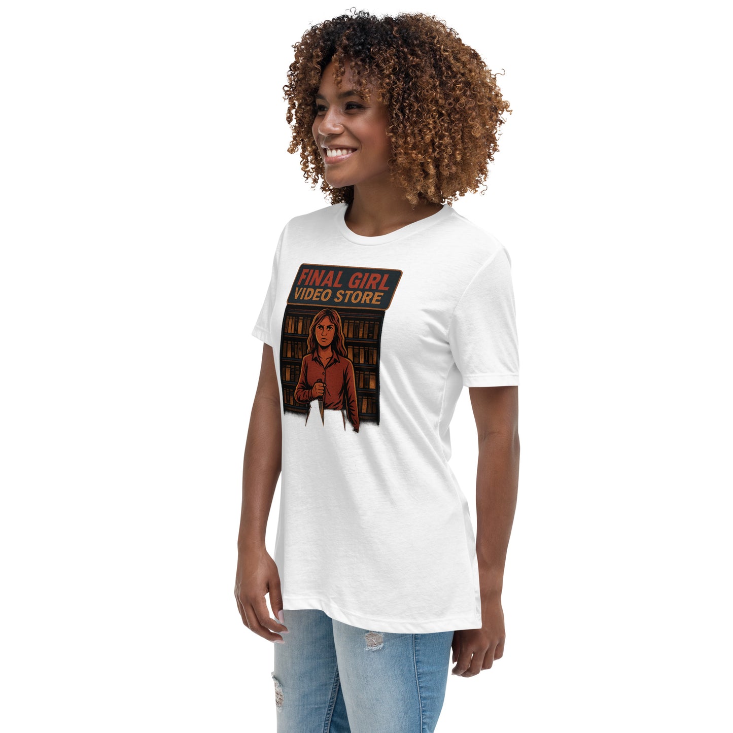 Final Girl Video Store Women's Relaxed T-Shirt  from Rare Plus Apparel – unique movie & pop culture inspired design.