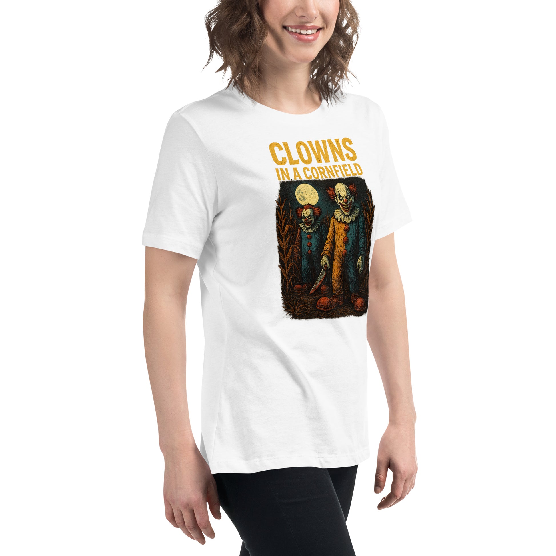 Clowns in a Cornfield Women's Relaxed T-Shirt  from Rare Plus Apparel – unique movie & pop culture inspired design.