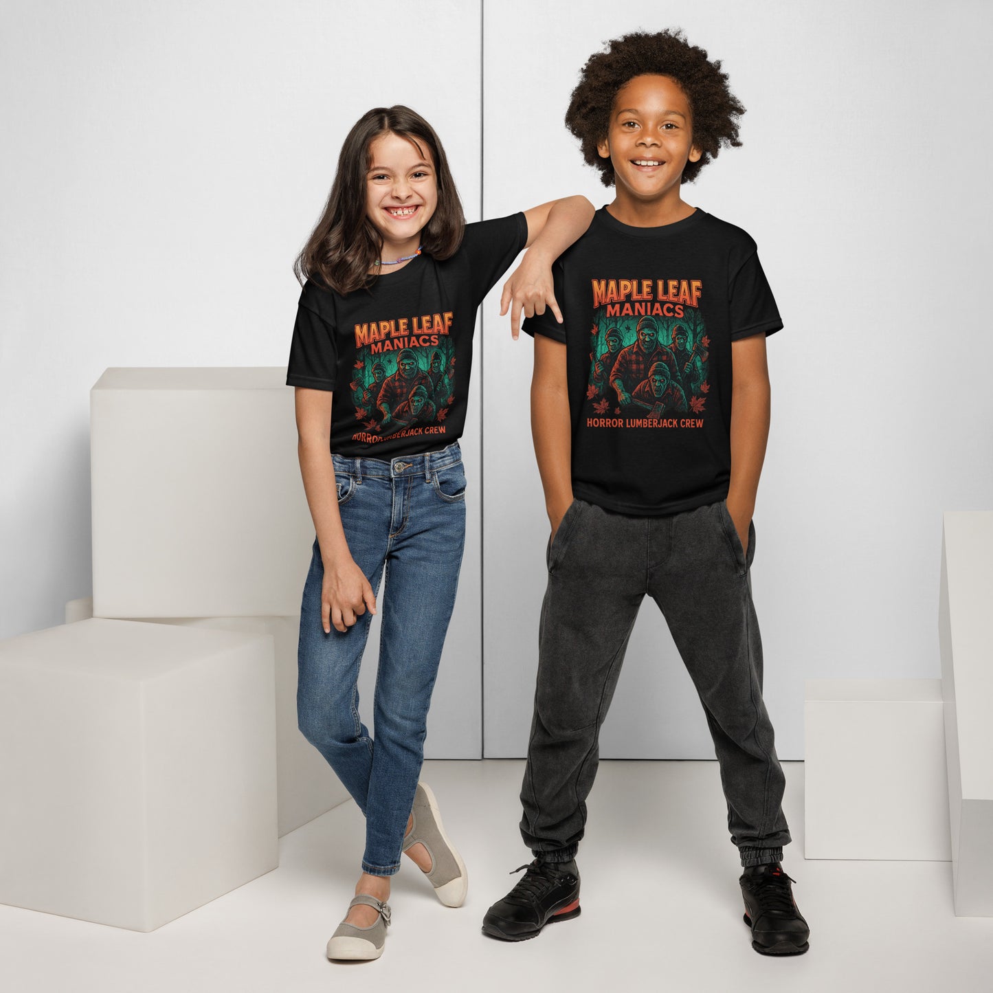 Maple Leaf Maniacs – Horror Lumberjack Crew Youth t-shirt  from Rare Plus Apparel – unique movie & pop culture inspired design.