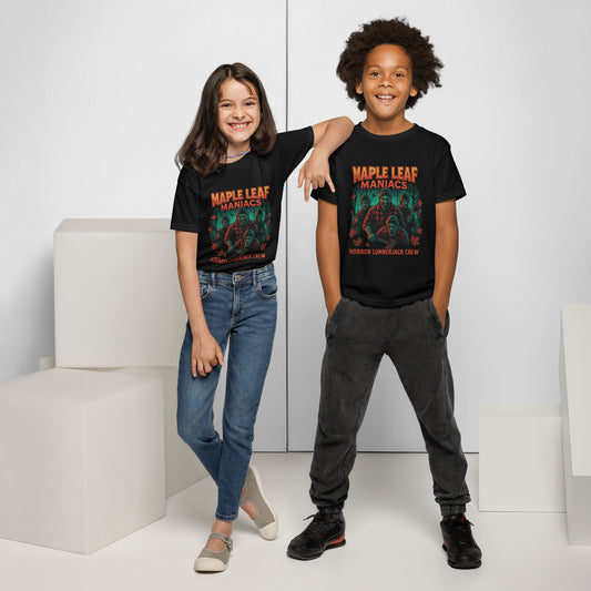 Maple Leaf Maniacs – Horror Lumberjack Crew Youth t-shirt  from Rare Plus Apparel – unique movie & pop culture inspired design.