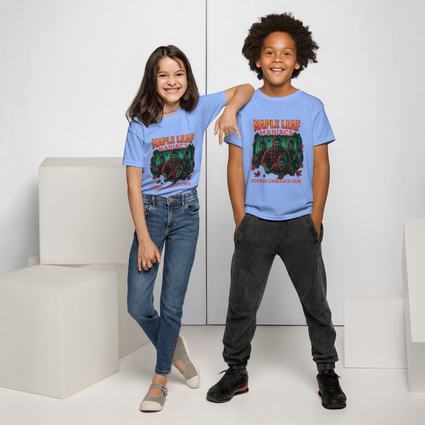 Maple Leaf Maniacs – Horror Lumberjack Crew Youth t-shirt  from Rare Plus Apparel – unique movie & pop culture inspired design.