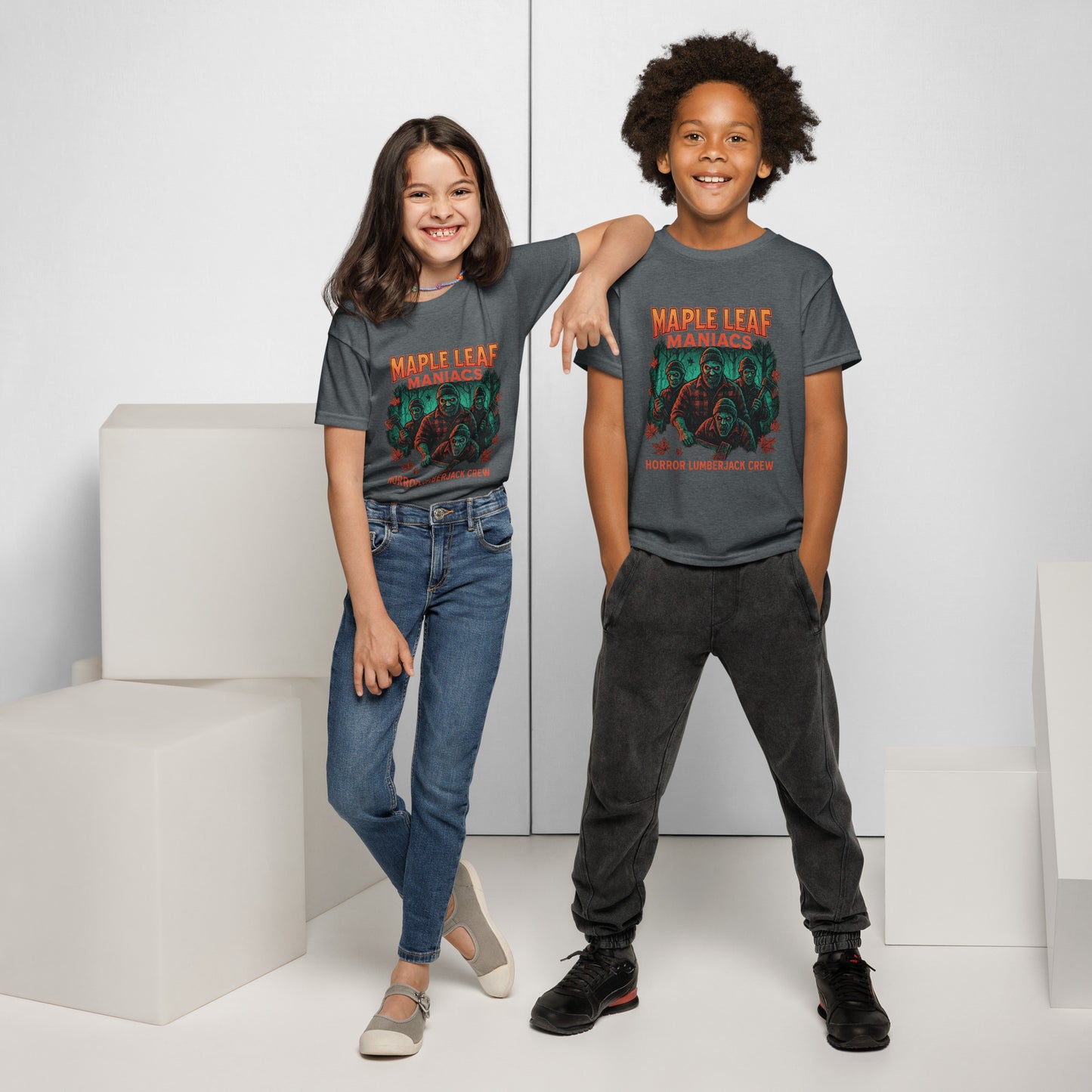 Maple Leaf Maniacs – Horror Lumberjack Crew Youth t-shirt  from Rare Plus Apparel – unique movie & pop culture inspired design.