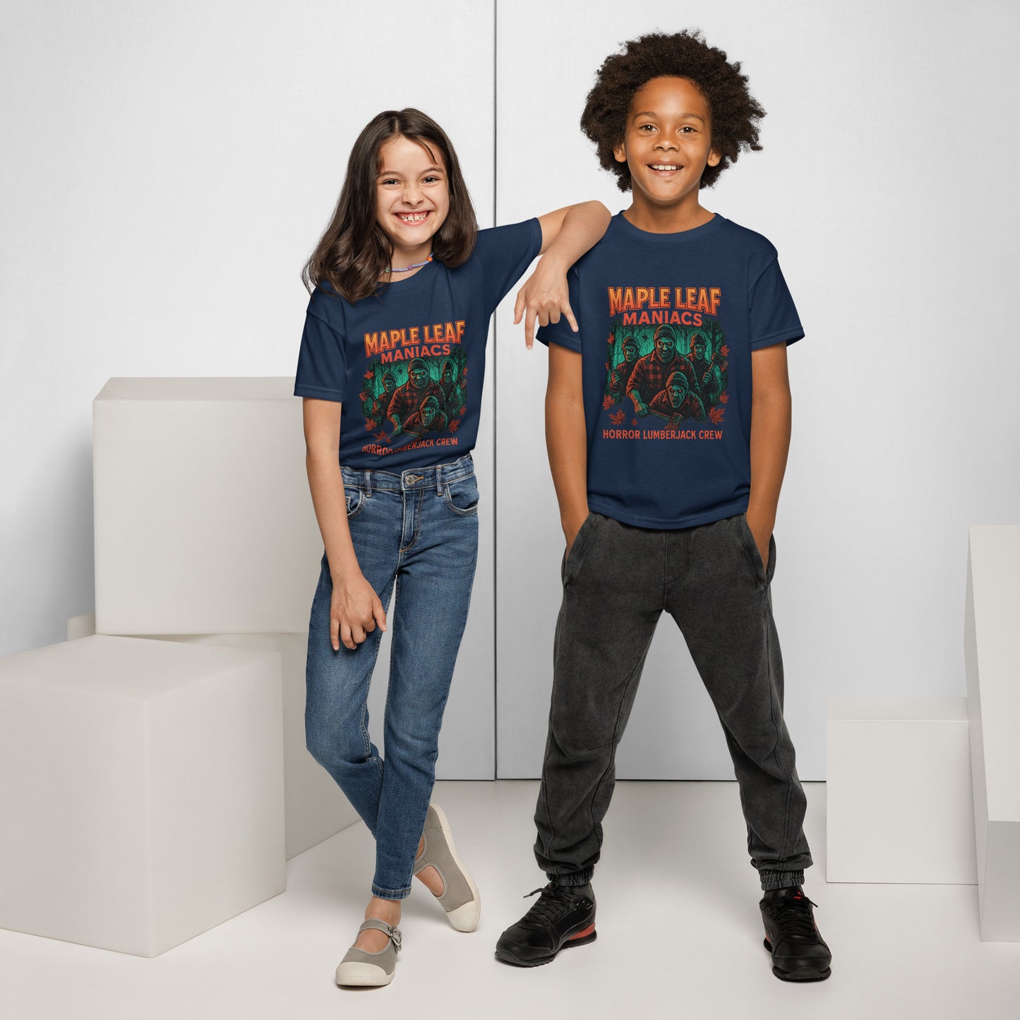 Maple Leaf Maniacs – Horror Lumberjack Crew Youth t-shirt  from Rare Plus Apparel – unique movie & pop culture inspired design.