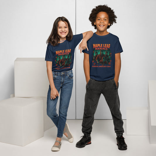 Maple Leaf Maniacs – Horror Lumberjack Crew Youth t-shirt  from Rare Plus Apparel – unique movie & pop culture inspired design.