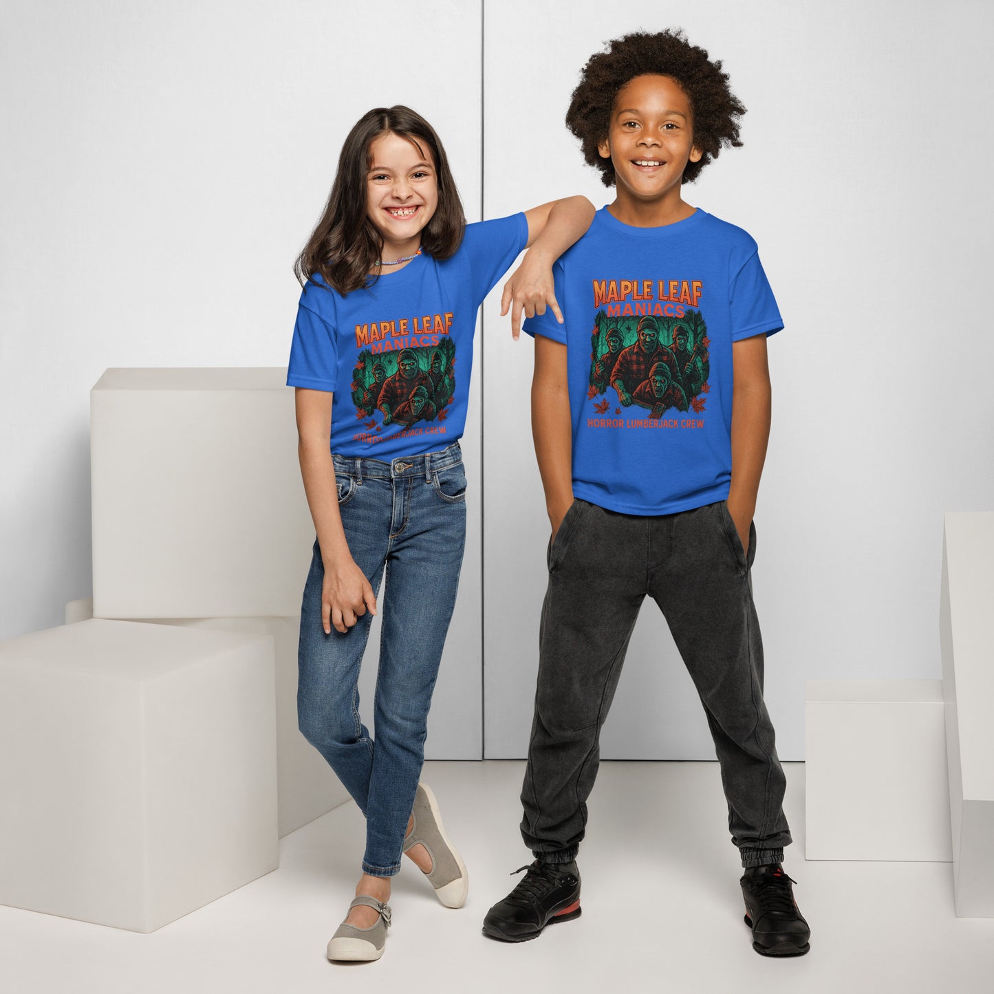 Maple Leaf Maniacs – Horror Lumberjack Crew Youth t-shirt  from Rare Plus Apparel – unique movie & pop culture inspired design.