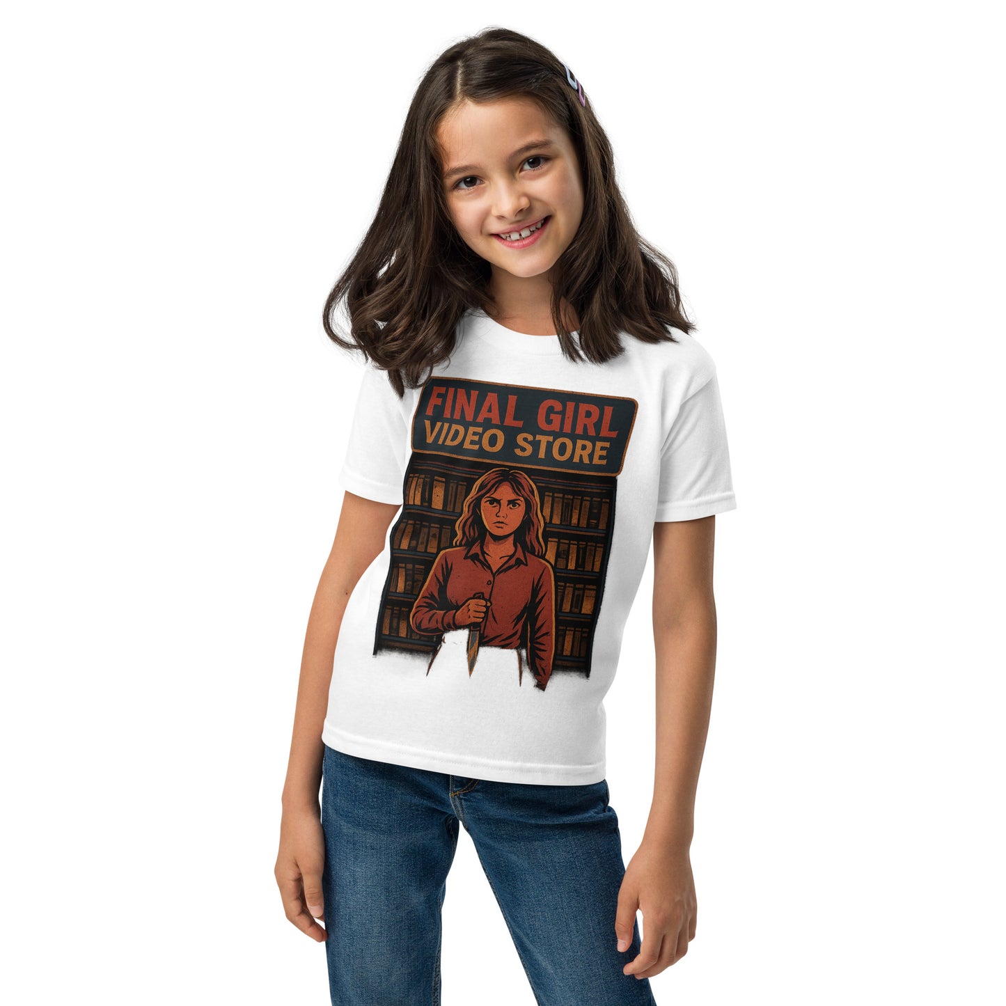 Final Girl Video Store Youth t-shirt  from Rare Plus Apparel – unique movie & pop culture inspired design.